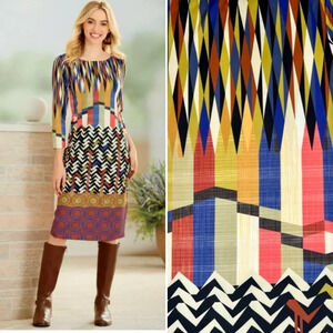 MONROE & MAIN Geometric Aztec‎ Print 3/4 Sleeves Midi Dress Bodycon Boho Medium